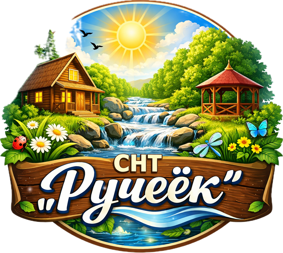Эмблема СНТ «Ручеёк»: дом, беседка и ручей среди зелени